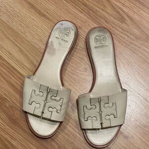 Tory Burch Cream Sandals with Logo Design